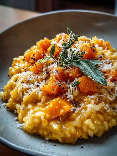 A smooth roasted butternut squash risotto on a plate.