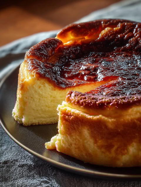 Slice of burnt Basque cheesecake.