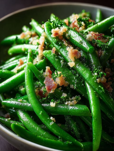 Green beans with bacon bits.