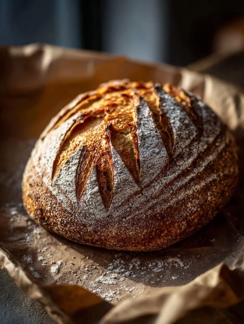 Sourdough loaf with starter beside it.