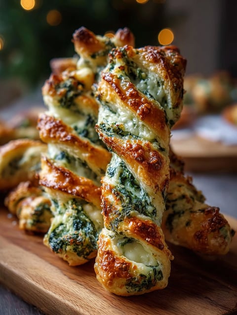 Breadsticks with spinach dip sitting on a wooden surface.