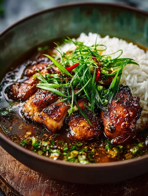 A bowl of soy-glazed chicken in garlic and ginger broth with rice.