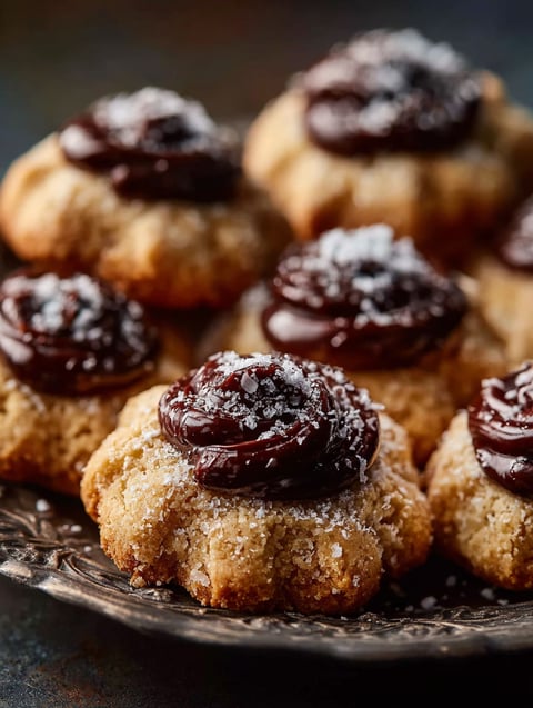 A plate of Italian Cannoli Cookies with buttery thumbprint centers.