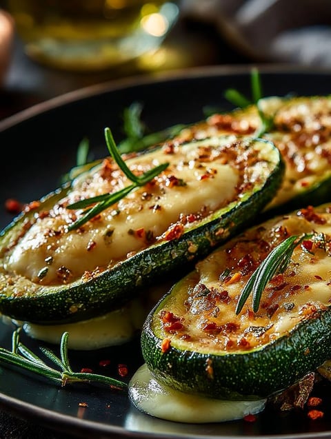 Garlic zucchini steaks topped with melted cheese.