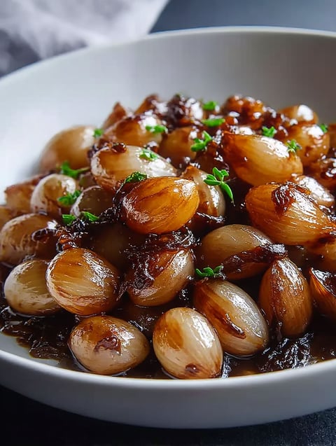 White bowl filled with balsamic glazed pearl onions.