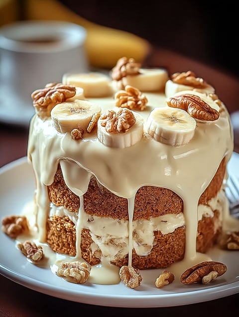 A slice of banana walnut cream cake.