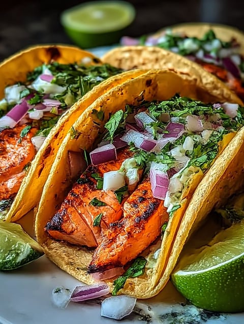 Two tacos with salmon and lime.
