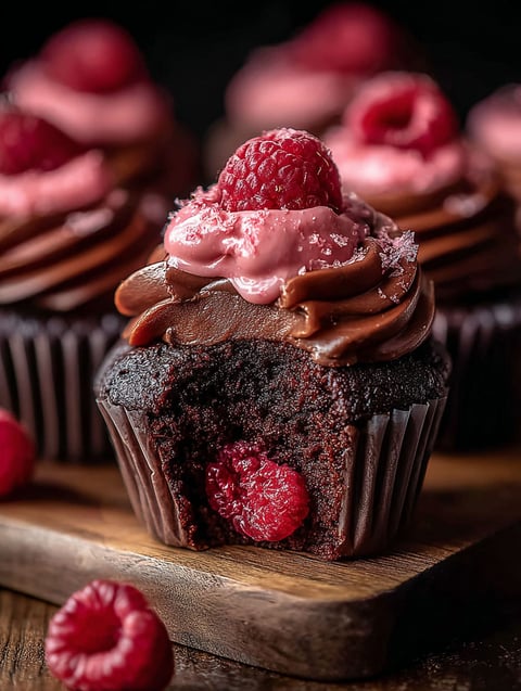 Chocolate cupcake topped with a fresh raspberry.