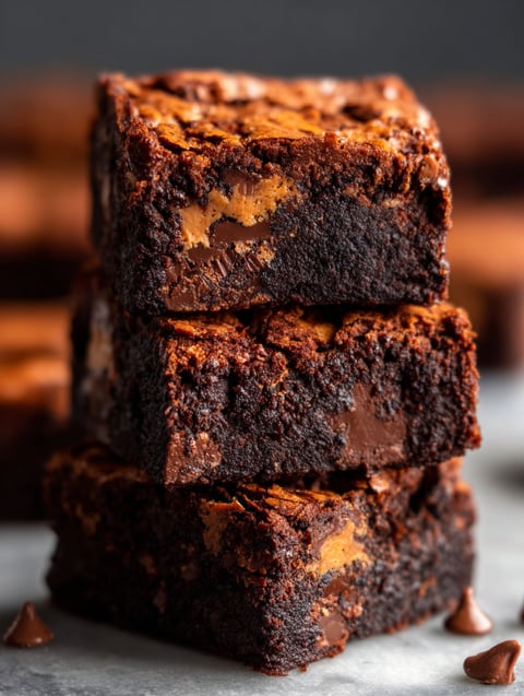 Three stacked peanut butter brownies