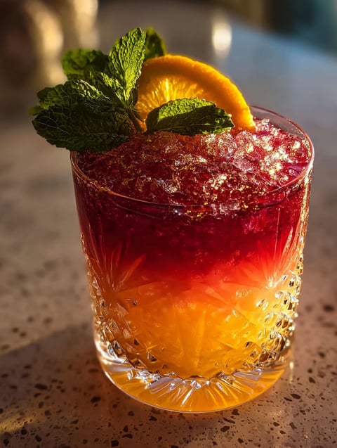 A drink in a glass with an orange slice on the rim
