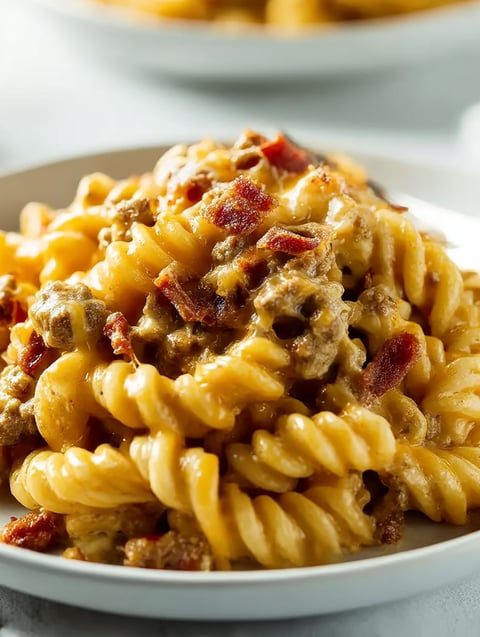 A delicious meal of pasta and meat.