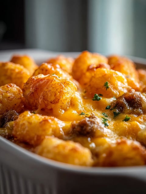 Tasty dish with melted cheese and crispy potatoes.