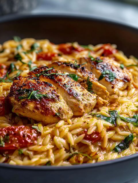 A tasty plate of chicken and creamy orzo.