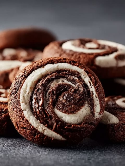 Close-up of swirled chocolate and marshmallow cookies.