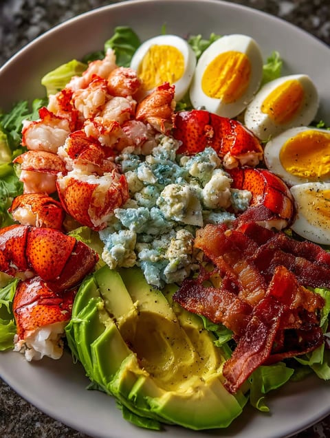 A tasty plate with shrimp, eggs, bacon, and avocado.