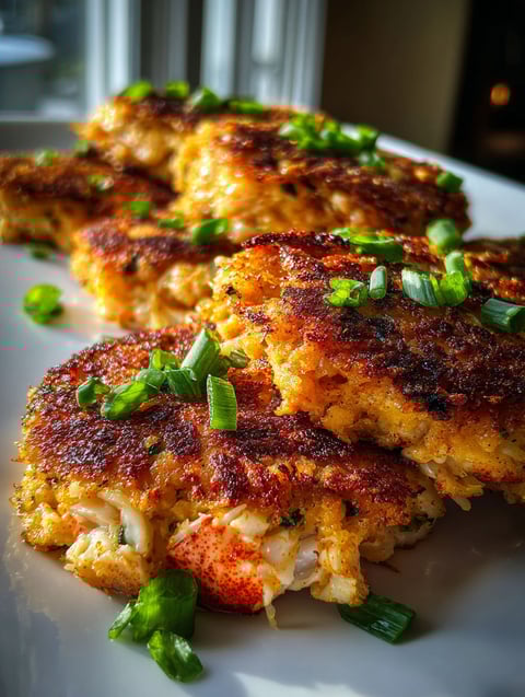 A tasty plate of crab cakes topped with green onions.