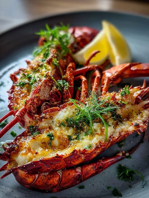 A tasty plate with lobster, lemon, and herbs.