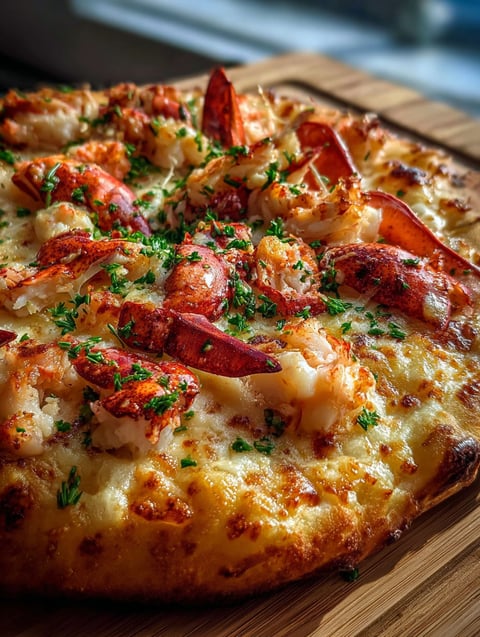Close-up of pizza topped with lobster and shrimp, ready to eat.