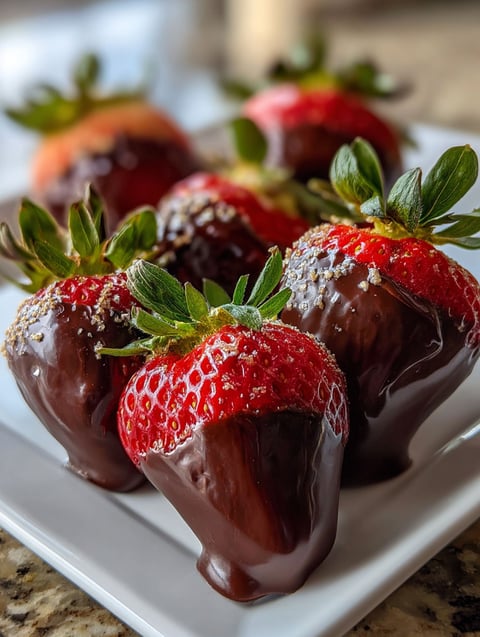 Chocolate covered strawberries on a plate.