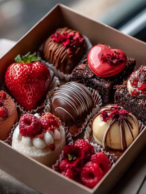 A box filled with fresh strawberries and tasty chocolates.