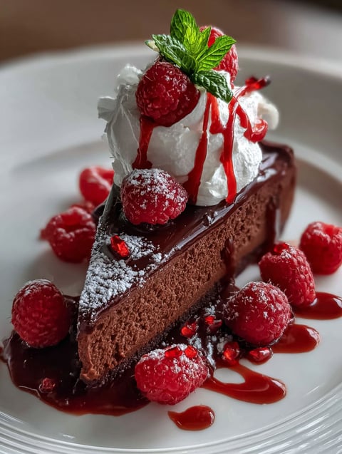A tasty chocolate cake topped with fresh raspberries.