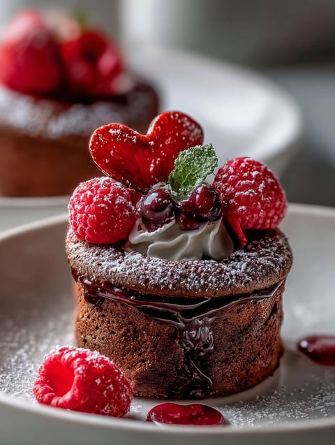 Chocolate dessert with raspberries ready to enjoy.