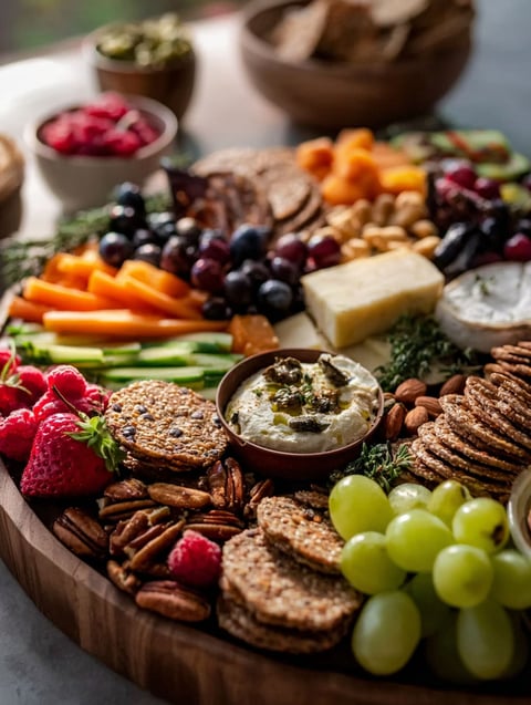 Tasty spread of nuts, cheese, crackers, and fruits.