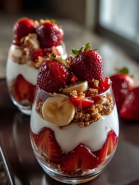 Yogurt with fresh strawberries all ready to eat.
