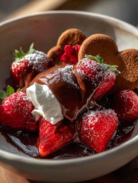 Yummy chocolate with fresh strawberries.