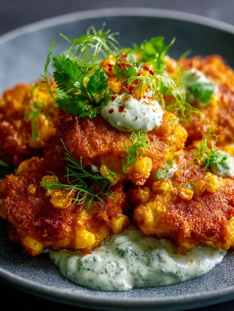 A tasty plate with chicken in white sauce topped with corn